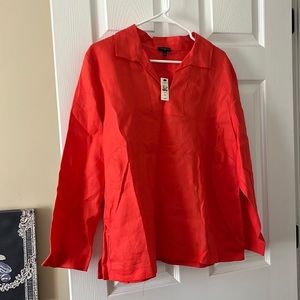 Talbots Petite NWT Coral 100% Linen Collar v-neck long sleeve shirt